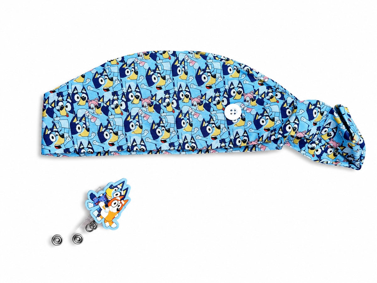 Bluey Scrub Cap & Matching Badge Reel Set