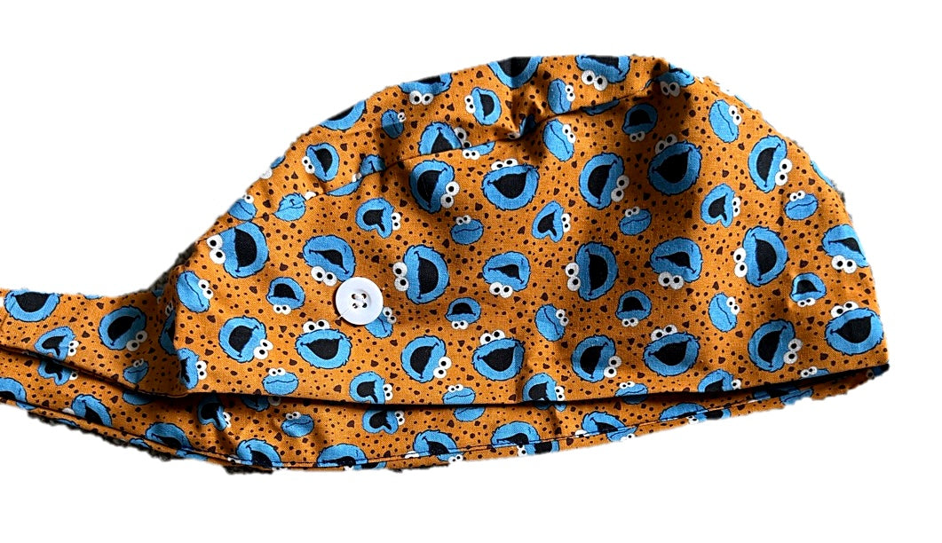Cookie Monster Tie-Back Scrub Cap&Matching Badge Reel Set