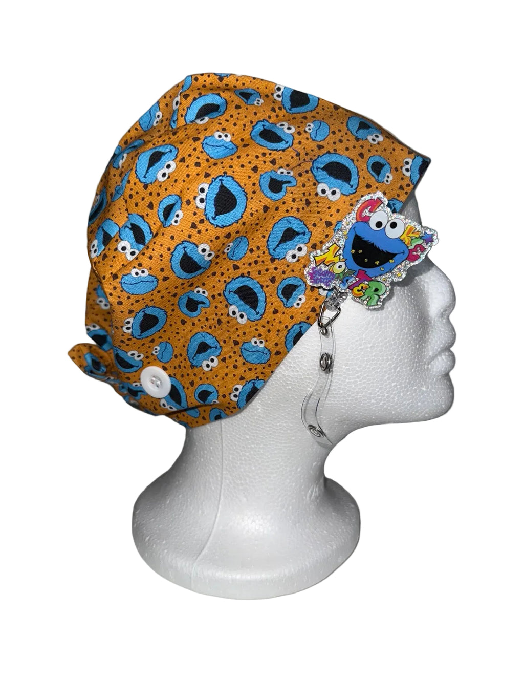 Cookie Monster Tie-Back Scrub Cap&Matching Badge Reel Set